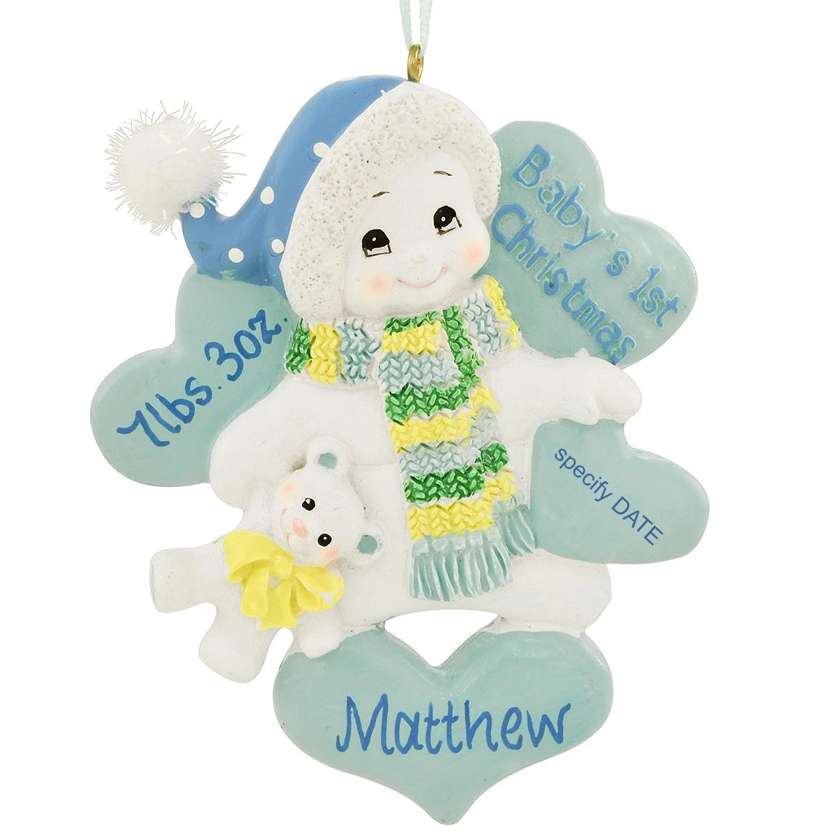 Personalized Baby's 1st Christmas Blue Snowman With Hearts Ornament 1 Personalized Baby's 1st Christmas Blue Snowman With Hearts Ornament