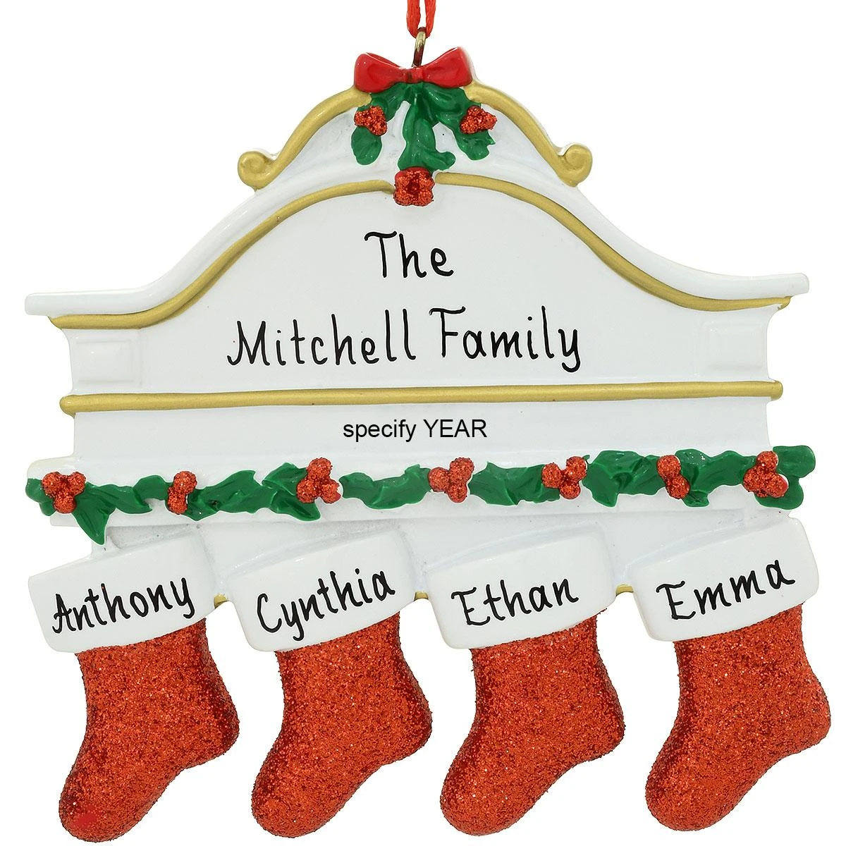 Personalized Mantle With 4 Stockings Ornament 1 Personalized Mantle With 4 Stockings Ornament