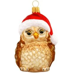 Owl With Santa Hat Glass Ornament