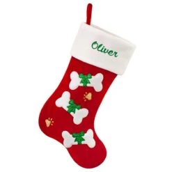 18.5 Inch Personalized Dog Bones On Red Christmas Stocking