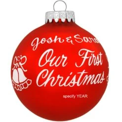 Personalized Our First Christmas Red Satin Round Glass Ornament