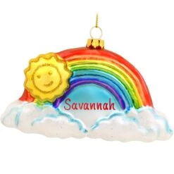 Personalized Rainbow With Smiling Sun Glass Ornament
