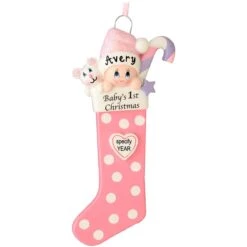 Personalized Baby's First Christmas Pink Stocking Ornament