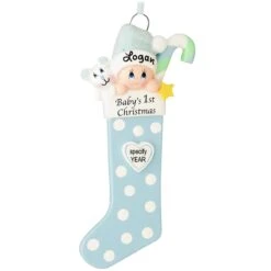 Personalized Baby's First Christmas Blue Stocking Ornament