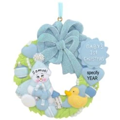 Personalized Blue Baby's First Christmas Wreath With Glitter Ornament