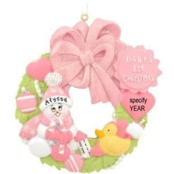 Personalized Pink Baby's First Christmas Wreath With Glitter Ornament