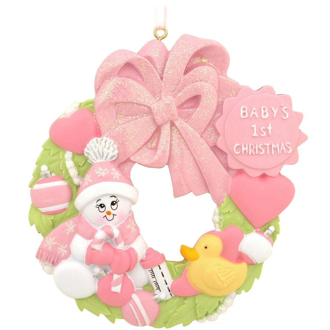 Personalized Pink Baby's First Christmas Wreath With Glitter Ornament 2 Personalized Pink Baby's First Christmas Wreath With Glitter Ornament - Image 2