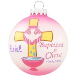 Personalized Pink Baptized In Christ With Cross Glass Ornament