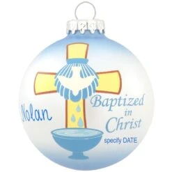 Personalized Blue Baptized In Christ With Cross Glass Ornament