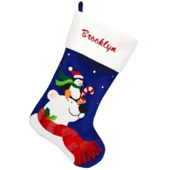 24 Inch Personalized Blue And White Velvet Stocking With Polar Bear And Penguin