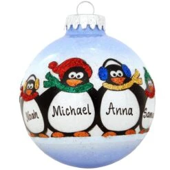 Personalized Penguin Family Of 6 Glass Sparkle Ornament