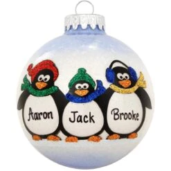 Personalized Penguin Family Of 3 Glass Sparkle Ornament