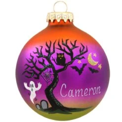 Personalized Halloween Tree Scene Glass Ornament