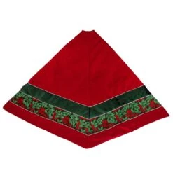 56 Inch Red Velvet Tree Skirt With Red And Green Embroidered Leaf Pattern