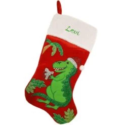 20.5 Inch Personalized Red Velvet Stocking With Green Dinosaur
