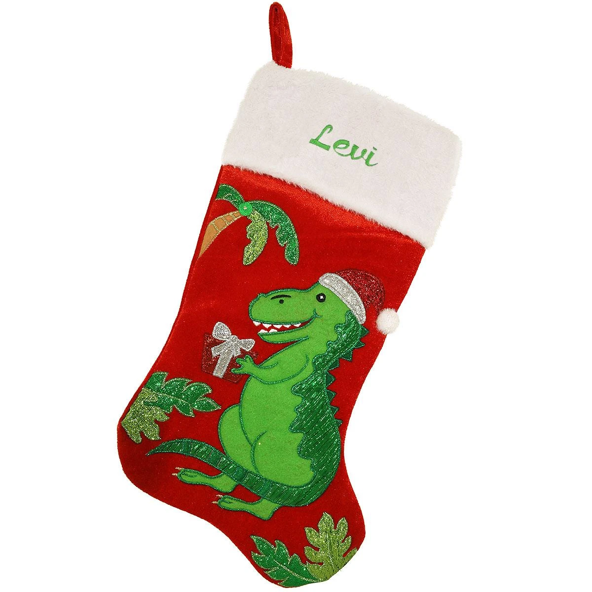 20.5 Inch Personalized Red Velvet Stocking With Green Dinosaur 1 20.5 Inch Personalized Red Velvet Stocking With Green Dinosaur