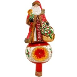 Santa With Staff And Bag Glass Ornament