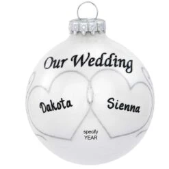 Personalized Our Wedding Hearts Swirl White Glass Ornament