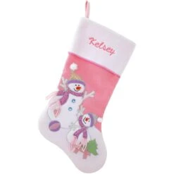20.5 Inch Personalized Pink Knit Stocking With Snowmen