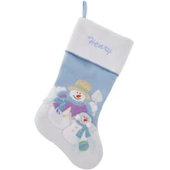 20.5 Inch Personalized Blue Knit Stocking With Snowmen