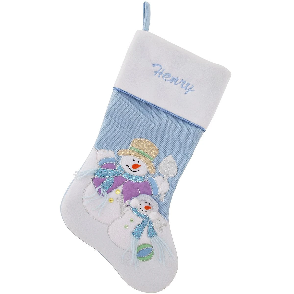 20.5 Inch Personalized Blue Knit Stocking With Snowmen 1 20.5 Inch Personalized Blue Knit Stocking With Snowmen