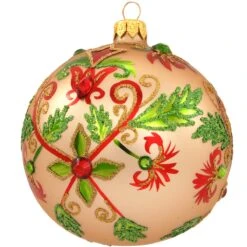 4 Inch Glass Ornament With Red, Green And Gold Floral Design