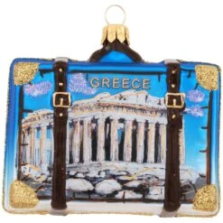 Greece Travel Suitcase Glass Ornament