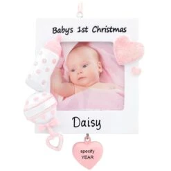 Personalized Baby's First Christmas White And Pink Photo Frame Ornament