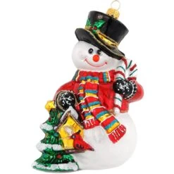 Snowman With Christmas Tree And Bird House Glass Ornament
