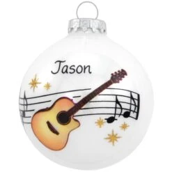 Personalized Guitar With Music Staff And Stars Glass Ornament