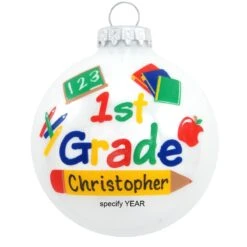 Personalized 1st Grade White Enamel Glass Ornament