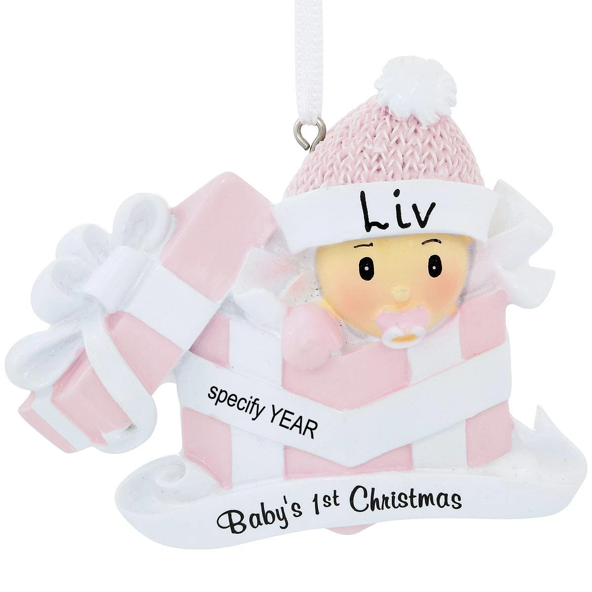 Personalized Baby Girl In Pink Gift Box Ornament 1 Personalized Baby Girl In Pink Gift Box Ornament