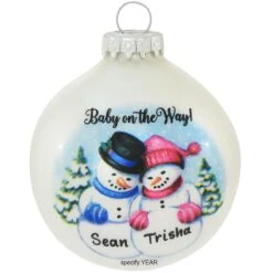 Personalized Baby On The Way Snowman Couple Glass Ornament