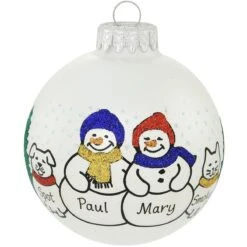 Personalized Snowman Couple With Dog And Cat Glass Ornament