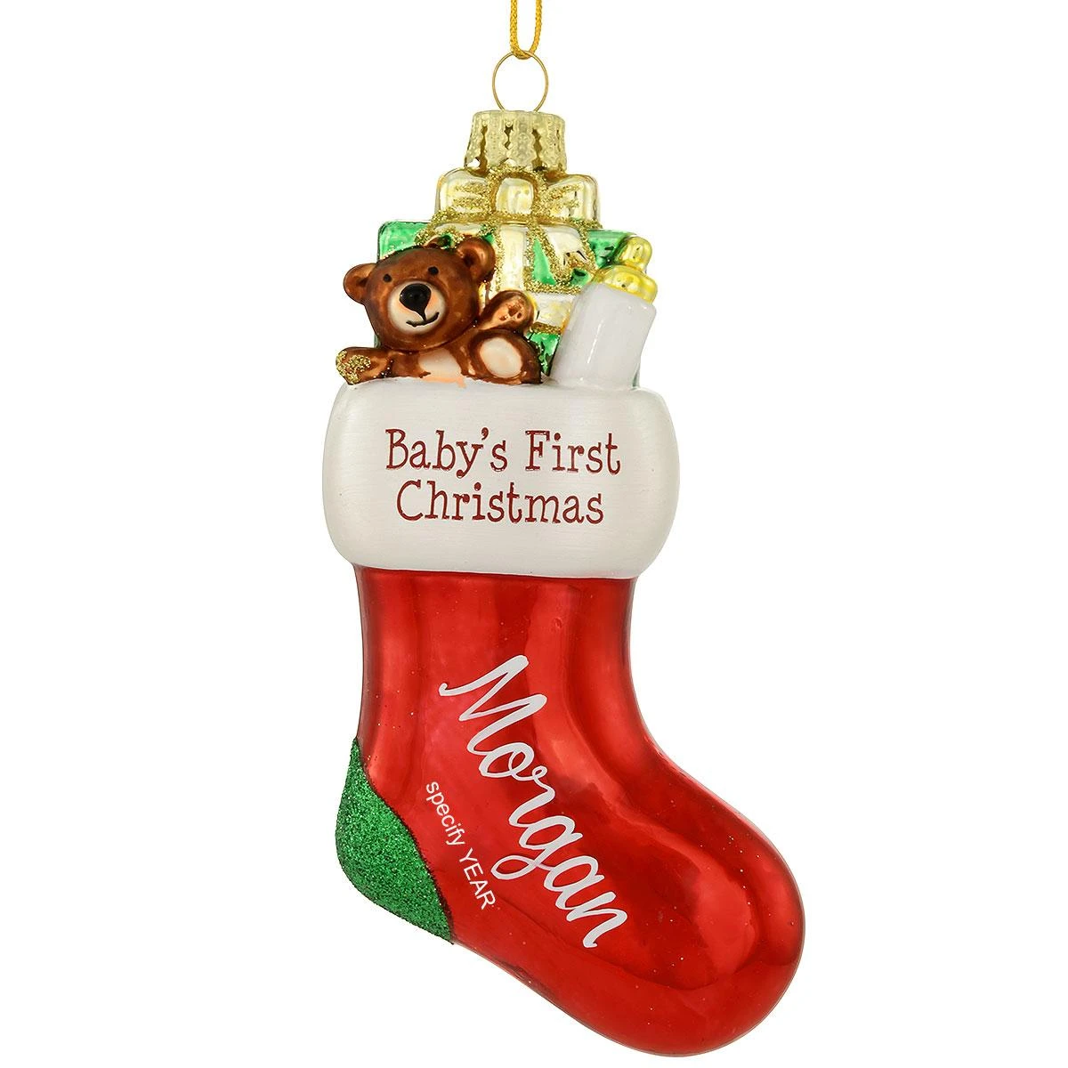 Personalized Baby's First Christmas Red Stocking Glass Ornament 1 Personalized Baby's First Christmas Red Stocking Glass Ornament