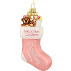 Personalized Baby's First Christmas Pink Stocking Glass Ornament