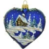 Blue Heart With Cabin Scene Glass Ornament
