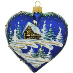 Blue Heart With Cabin Scene Glass Ornament