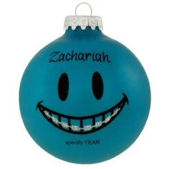 Personalized Blue Smile Face With Braces Glass Ornament