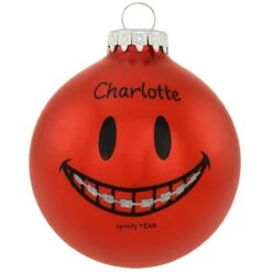 Personalized Smile Face With Braces Glass Ornament Red