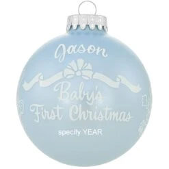 Personalized Baby's First Christmas Glossy Blue Glass Ornament