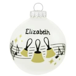 Personalized Hand Bells Music Staff On White Opal Glass Ornament