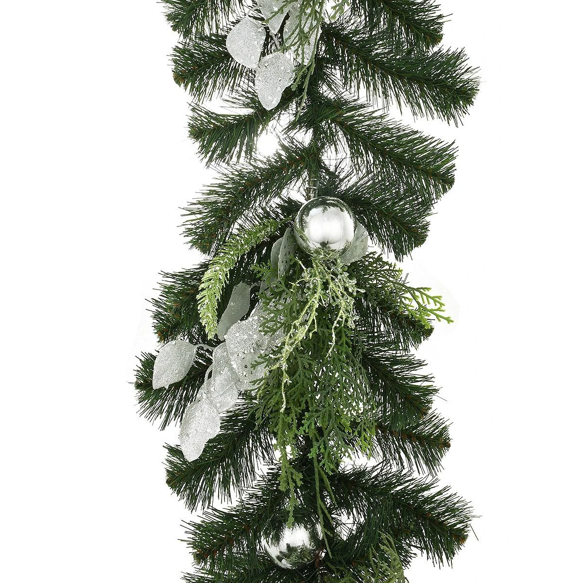 6 Ft. X 12" Australian Pine Garland With Silver Leaves And Ornaments 1 6 Ft. X 12" Australian Pine Garland With Silver Leaves And Ornaments