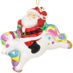 Santa With Unicorn Glass Ornament
