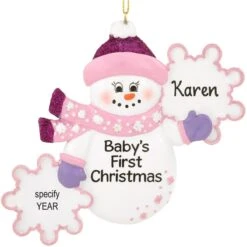 Personalized Pink Snowman With Snowflakes Baby's First Christmas Resin Ornament