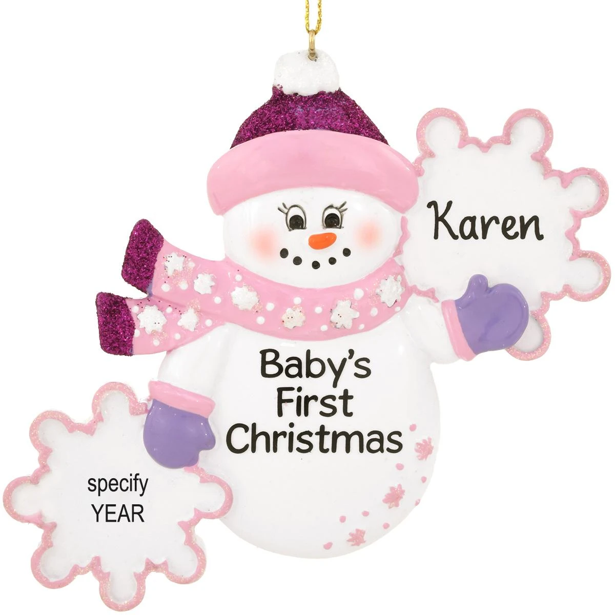 Personalized Pink Snowman With Snowflakes Baby's First Christmas Resin Ornament 1 Personalized Pink Snowman With Snowflakes Baby's First Christmas Resin Ornament