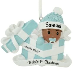 Personalized African American Baby Boy In Blue Gift Box Ornament