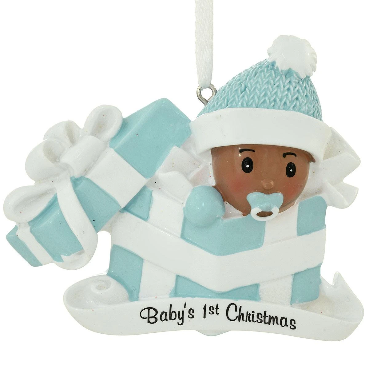 Personalized African American Baby Boy In Blue Gift Box Ornament 2 Personalized African American Baby Boy In Blue Gift Box Ornament - Image 2
