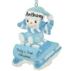 Personalized Snow Baby On Blue Sled Ornament