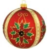 Poinsettia Designs On Red Glass Ornament
